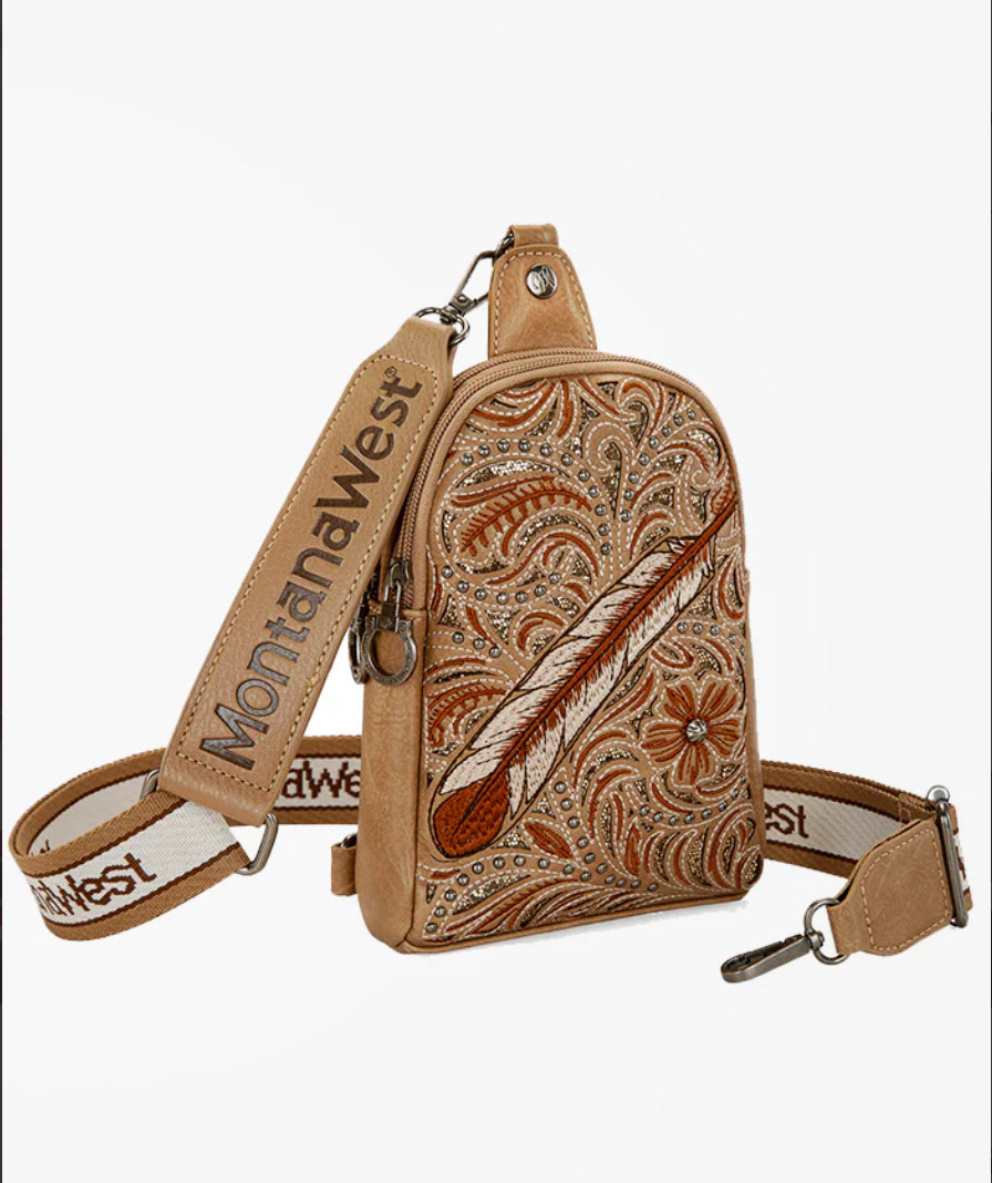 MONTANA WEST FLORAL FEATHER SLING BAG KHAKI