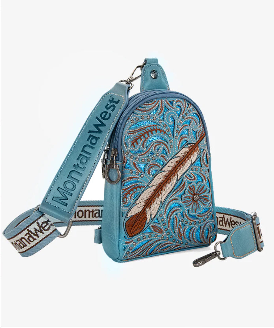 MONTANA WEST FLORAL FEATHER SLING BAG JEAN