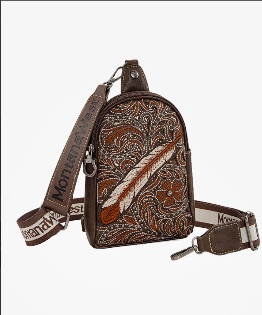 MONTANA WEST FLORAL FEATHER SLING BAG COFFEE