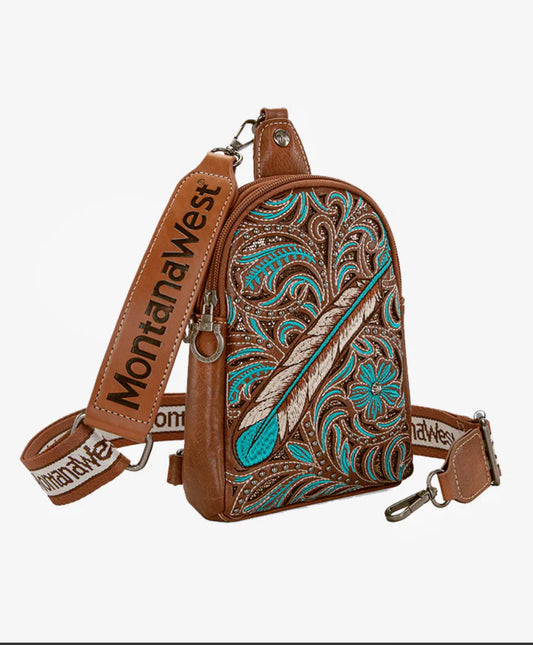 MONTANA WEST FLORAL FEATHER SLING BAG BROWN