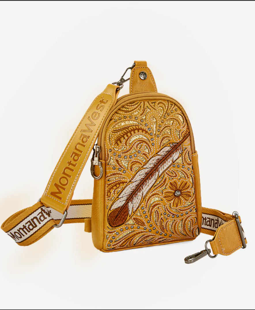 MONTANA WEST FLORAL FEATHER SLING BAG MUSTARD