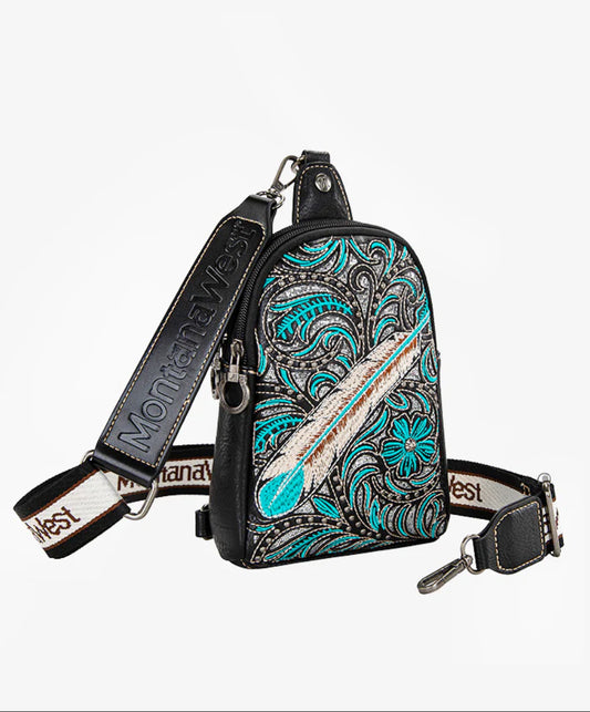 MONTANA WEST FLORAL FEATHER SLING BAG BLACK