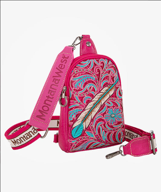 MONTANA WEST FLORAL FEATHER SLING BAG HOT PINK