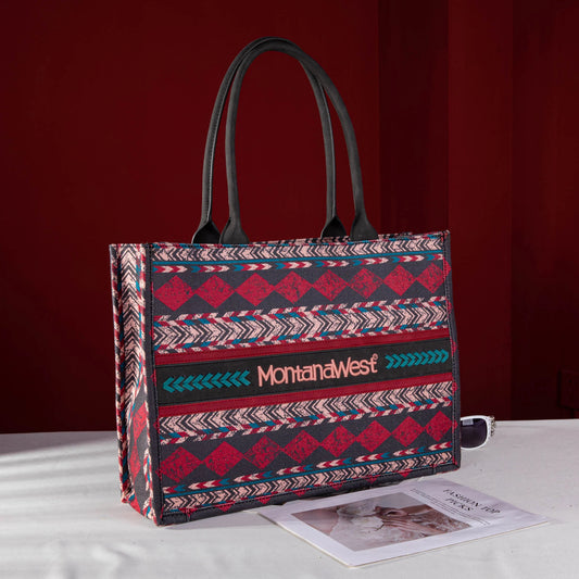 MW Southwestern Dual Sided Print Canvas Tote Burgundy